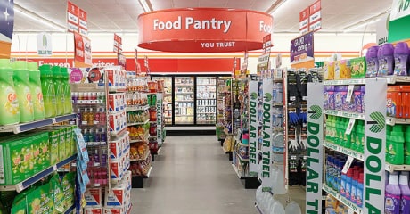 This photo shows the center aisle in a Combo Store Food Pantry section.
